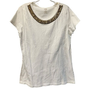 White Beaded Round Neck Short Sleeve T-Shirt L